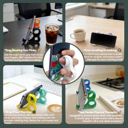 3D Printed Phone Finger Holder- 360° Rotatable Ring to Prevent Pinky/Ring Finger Strain,Stand for Back of Phone &a Bonus Phone Lanyard,Hand Grip for Mobile Devices. (2, Blue&Green) - color: Blue&green