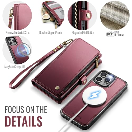 Defencase for iPhone 16 Pro Max Case Wallet Compatible with Magsafe, W-Red | Drop-Proof Magnetic Detachable Phone Cases Cover, with RFID Bolcking Card Holder, Zipper Strap, PU Leather, Removable Wallet - color: (Detachable with Magsafe)-Wine Red
