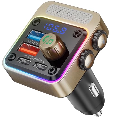 Nulaxy 54W Bluetooth 5.3 Car Adapter, FM Transmitter 4-Port Fast Charging - color: Gold