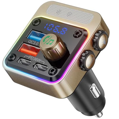 Nulaxy 54W Bluetooth 5.3 Car Adapter, FM Transmitter 4-Port Fast Charging - color: Gold