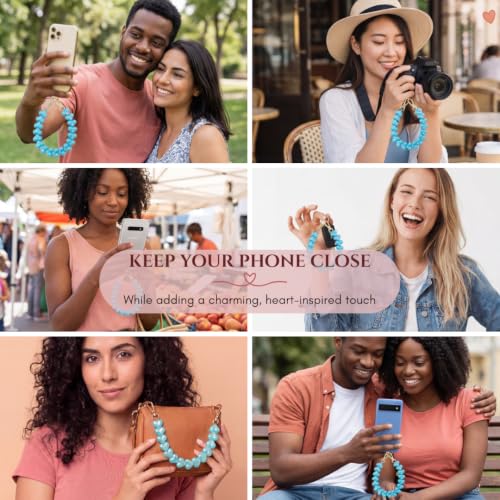 Heart Beaded Phone Wristlet | Phone Wrist Strap With Tether Tab | Cute Accessory for Phone, AirPods, Bag, Keys, Camera - color: Seafoam Blue
