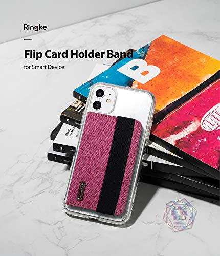 Ringke Flip Card Holder with Elastic Hand Strap Slim Soft Band Grip Fashion Multi-Card Slot 3M Stick-On Wallet Credit Card Cash Mini Pouch Attachment Compatible with Most Smartphones - Pink - color: 1-Band Pink