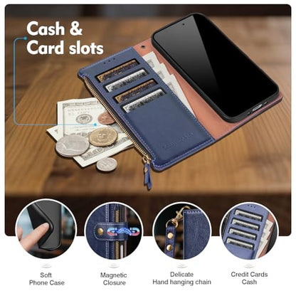 Compatible with iPhone 13 Pro Wallet Case with Card Holder RFID Blocking Zipper Poket PU Leather Flip Phone Case with Wrist Strap Credit Card Slots Men Women,for Apple 13 Pro 6.1",Blue - color: Blue, size: iPhone 13 Pro - 6.1