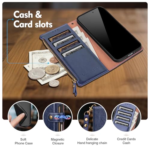 Compatible with iPhone 13 Pro Max Wallet Case with Card Holder RFID Blocking Zipper Poket PU Leather Flip Phone Case with Wrist Strap Credit Card Slots Men Women,for Apple 13 Pro Max,Blue - color: Blue, size: iPhone 13 Pro Max - 6.7