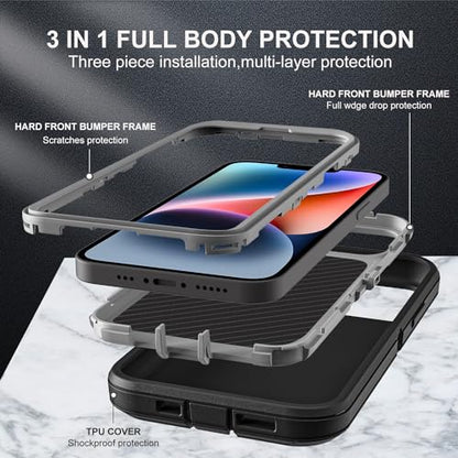 YKHJKLEC iPhone 13/14 Military Grade Case, 3 in 1 Heavy Duty Shockproof/Drop Proof/Dust Proof With 2Pcs Tempered Glass Screen Protector (Black/Grey) - color: Black/Grey