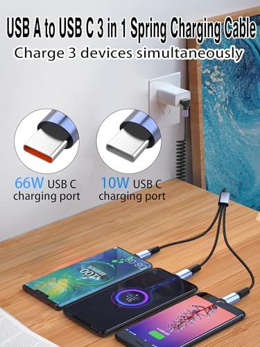 YACSEJAO 66W 90 Degree USB A to Multi USB C Spring Charging Cable, 6FT - style: USB A to 3 USB Type-C