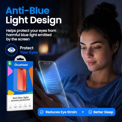 Ocushield Anti Blue Light Tempered Glass Screen Protector of iPhone 16 Plus (6.7")– Blocks Blue Light, Prevents Eye Strain & Helps You Sleep Better, 9H Hardness & Case Friendly - size: iPhone 16 Plus (6.7")