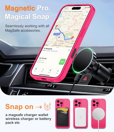 Magnetic Case for iPhone 16 Pro Case with Screen Protector+Wrist Strap | Compatible with MagSafe,Full Camera Protection,Slim Translucent Matte Phone Cover,Hot Pink - color: Hot Pink