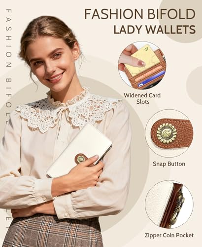 GIANCOMICS White Caramel Womens Wallet RFID, Long Credit Card Holder Bifold | Billfold, Cute Cash Purse, Travel Zipper Coin Pocket, Compact Clutch, PU Leather, ID Window, 11 Card Slots, Ladies Gift Woman - color: A Beige and Pumpkin