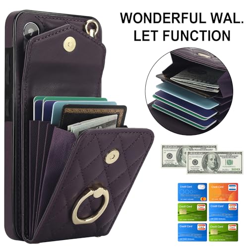 Phone Case for Samsung Galaxy S24 5G Wallet Cover with Tempered Glass Screen Protector Crossbody Wrist Strap Ring RFID Blocking Credit Card Holder Cell S 24 24S G5 SM-S921U Women Men Girls Dark Purple - color: Dark Purple
