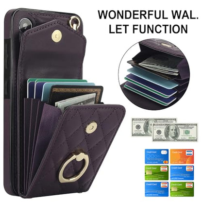 Phone Case for Samsung Galaxy S24 5G Wallet Cover with Tempered Glass Screen Protector Crossbody Wrist Strap Ring RFID Blocking Credit Card Holder Cell S 24 24S G5 SM-S921U Women Men Girls Dark Purple - color: Dark Purple