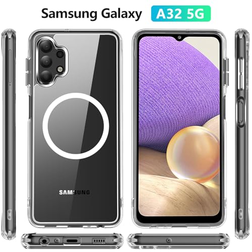 for Samsung Galaxy A32 5G Clear Case with Magnetic, Anti-Yellowing TPU & PC Back Cover Camera Protection, Wireless Charging Compatible