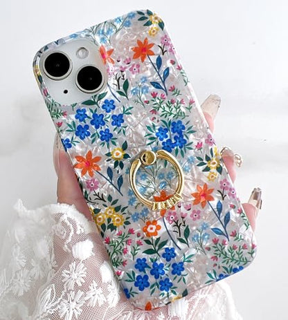 Qokey Cover for iPhone 13/14 6.1 Inch, Clear Glitter Flower for Women Girls with 360 Degree Rotating Ring Kickstand, Soft TPU Shockproof Non-Yellowing Case, Powder Blue Floral - color: Powder Blue