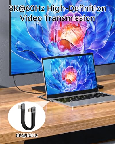 80Gbps Short USB C Flat Cable,Supports 8K@60Hz,PD240W 90 Degree USB C 4 Male to Male Fast Charging Cable Compatible with Thunderbolt 5 for Phones,Tablets,Laptops (0.13M) - style: 0.13M male to male