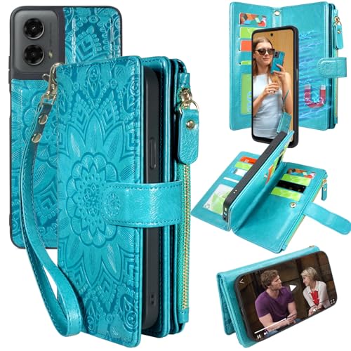 Harryshell Detachable Wallet Leather Case Compatible with Motorola Moto G 5G 2024 Magnetic Phone Case Zipper with Cash Coin Pocket Multi Card Slots Holder Wrist Strap Lanyard (Flower Blue Green) - color: Flower Blue Green, size: Moto G 5G 2024