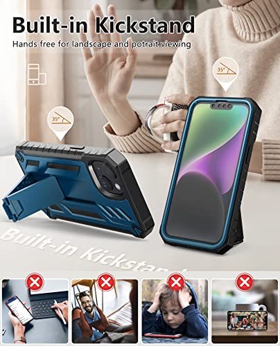 FNTCASE for iPhone 14 Plus Case, Built-in Screen Protector, Kickstand | 20FT Military-Grade Drop Protection, Anti-Slip Matte Textured, Rugged Heavy Duty Shockproof TPU Protective Cover - color: Blue