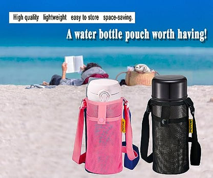 Hands Free Water Bottle Carrier with Strap for Hiking, Walking - color: pink & black