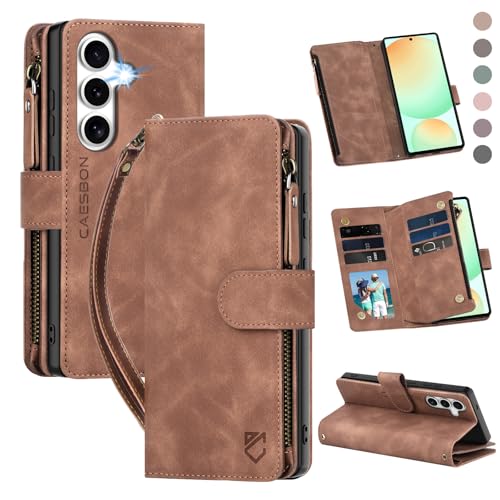 for Samsung Galaxy S24-FE-Wallet Case: with RFID Blocking Card Slots (6 Cards) | Soft PU Leather Magnetic Snap Zipper Pocket | Crossbody Wrist Strap Protective Phone Cover - Brown - color: A Brown, size: Galaxy S24 FE（6.7‘’）
