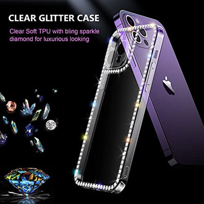 Compatible with iPhone 14 Pro Case for Women Girls 3D Glitter Sparkle Bling Case Luxury Shiny Cute Crystal Charms Rhinestone Diamond Bumper Soft TPU Clear Cover Case for iPhone 14 Pro - size: iPhone 14 Pro
