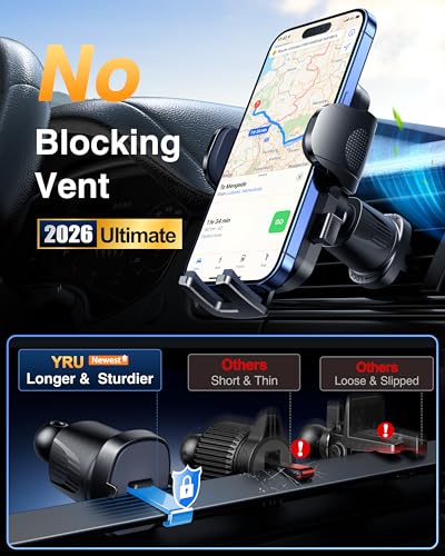 YRU True Military-Grade [360° Rotation Suction] 2026 Ultimate Car Phone Holder Mount 【90+LBS Safest Strongest & Patent Certs】 Dashboard Windshield Vent for iPhone 18 Pro Max Samsung Webcam, Jet Black - color: Jet Black