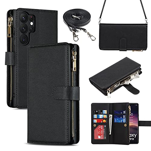 iCoverCase for Samsung Galaxy S23 Ultra Wallet Case with Card Holder, Kickstand Feature PU Leather Case with Adjustable Crossbody Lanyard Magnetic Clasp Zipper Pocket Flip Cover (Black) - color: Black, size: Galaxy S23 Ultra