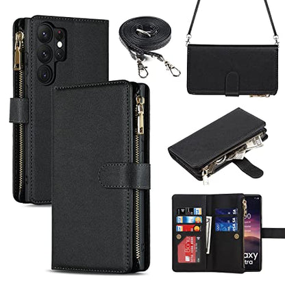 iCoverCase for Samsung Galaxy S23 Ultra Wallet Case with Card Holder, Kickstand Feature PU Leather Case with Adjustable Crossbody Lanyard Magnetic Clasp Zipper Pocket Flip Cover (Black) - color: Black, size: Galaxy S23 Ultra