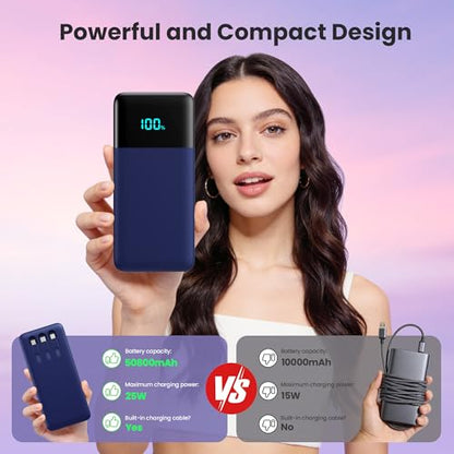 Portable Charger Power Bank 50800mAh,25W USB C Fast Charging Battery Pack with 3 Built in Cables & LED Display,6 Outputs 2 Inputs Travel Essentials Phone Charger for iPhone 18/17/16/15,Android,Blue - color: Blue