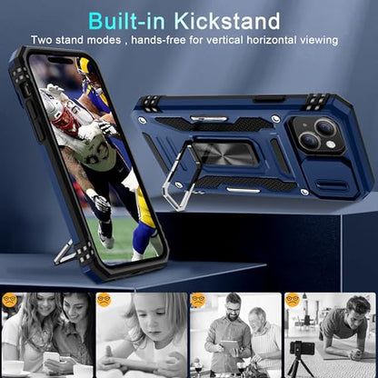 DEERLAMN Case for iPhone 15 with Slide Camera Cover + Screen Protector (2 Packs), Rotated Ring Kickstand Military Grade Shockproof Protective Cover-Navy Blue - color: Navy Blue