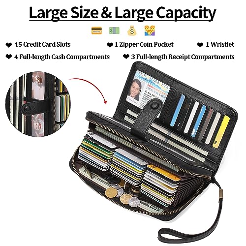 GAEKEAO Leather Credit Card Holder Wallet for Women RFID Blocking Large Capacity Bifold Zipper Card Case Organizer with Wristlet 45 Slots - color: Black