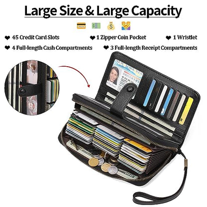 GAEKEAO Leather Credit Card Holder Wallet for Women RFID Blocking Large Capacity Bifold Zipper Card Case Organizer with Wristlet 45 Slots - color: Black