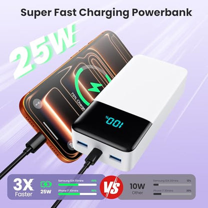 Portable Charger Power Bank 50800mAh,25W USB C Fast Charging Battery Pack with 3 Built in Cables & LED Display,6 Outputs 2 Inputs Travel Essentials Phone Charger for iPhone 18/17/16/15,Android,White - color: White