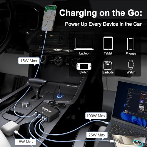 Dzytnsy 200W Car Fast Charging Station,6 Ports, Compatible with MacBook pro/Air/M5 M4 M3 M2 M1/Dell/Lenovo/HP,for iPhone18/17/16/15 Series,Samsung Galaxy S26/S25 Ultra/S24 Series and More