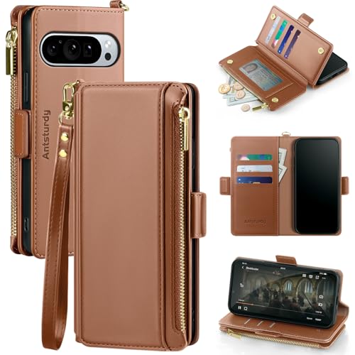 Antsturdy Compatible with Google Pixel 9 Wallet Case with Card Holder Women Men,Pixel 9 Pro Phone Case PU Leather Flip Protective Cover Wrist Strap Zipper Credit Card Slots RFID Blocking,Light Brown - color: Light Brown