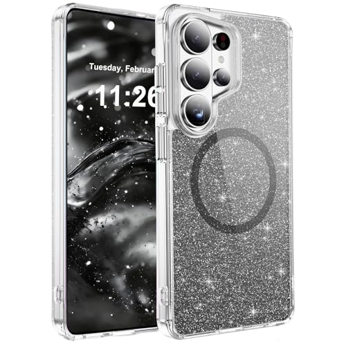 LEMAXELERS Magnetic Glitter Case for Samsung Galaxy S25 Ultra -Black SF | Clear Crystal Bling Case, Compatible with MagSafe, Shockproof Sparkly Cute Women Girl Cover for Samsung Galaxy S25 Ultra - color: Black, size: Galaxy S25 Ultra