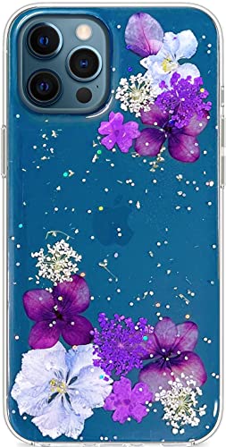 Abbery for iPhone 12 Pro Max Case Clear with Pressed Glitter Purple Flower Design Cute Bling Sparkle Soft TPU Rubber Dried Real Floral Aesthetic Women Girl's Phone Cover (Grape Flowers) - color: Glitter Purple, size: for iPhone 12 Pro Max