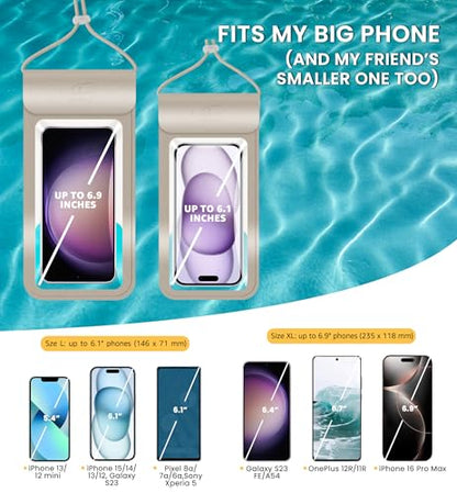 HiRui Universal Waterproof Phone Pouch with Touch Screen, IP68 Waterproof Phone Case Dry Bag for Beach, Compatible with iPhone 16/15/14/13/12/XR/SE, Samsung Galaxy, Fits up to 6.1" (Gold, Large) - color: Gold, size: Large