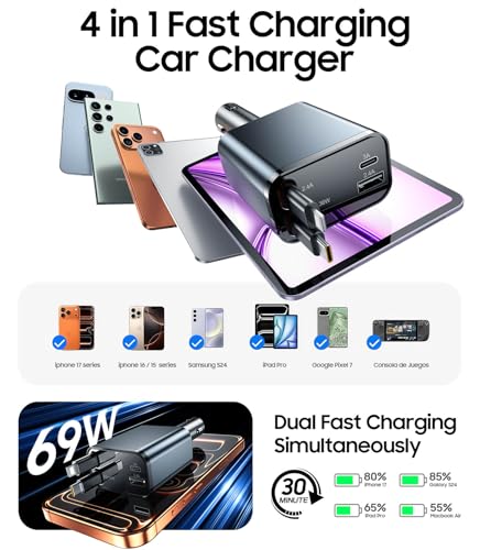 Temdan Retractable Car Charger,75W Fast Charger USB C Car Truck Accessories - color: Grey/C+L