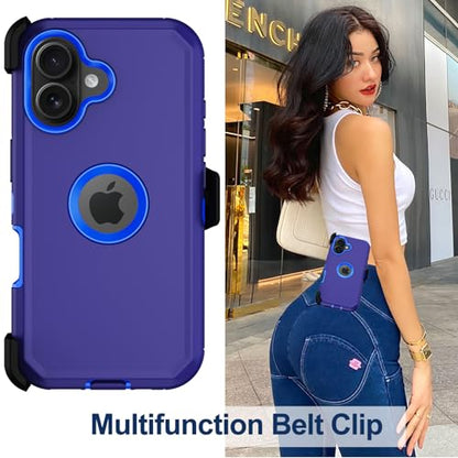 for iPhone 16 Phone Case, Military Grade Drop Protection Cell Phone Cover with Belt Clip Holster Stand, Screen Protector x2 Rugged Shockproof Kickstand for iPhone 16 Case 6.1 inch (Blue) - color: Blue