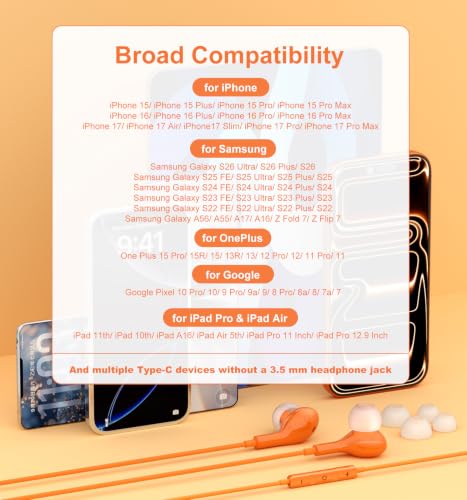 Wired Earbuds USB C for iPhone 17 Pro Max 15 16 iPad Air Pro 11/13 Orange - color: Orange