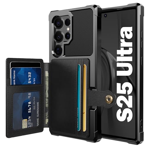 for Samsung Galaxy S25 Ultra 6.9” Case with Card Holder, Compatible with Magnetic Car Mount, Rugged Heavy Duty Shockproof Soft TPU Back Leather Flip Wallet Phone Cover, Black - color: Black, size: Samsung Galaxy S25 Ultra