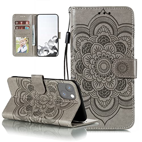 EYZUTAK Case for iPhone 14 Plus, Premium PU Leather Magnetic Flip Wallet Case with Card Holder Cash Slot Lanyard Strap Kickstand Function Embossed Mandala Flower Pattern Shockproof Cover - Gray - color: Gray, size: iPhone 14 Plus