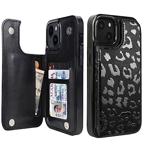 uCOLOR for iPhone 13/14 Wallet Case with Card Holder Black Leopard | PU Leather RFID Blocking for Women Men Magnetic Clasp Kickstand 6.1" - color: Black Leopard