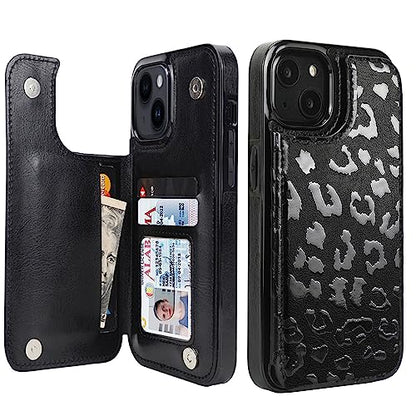 uCOLOR for iPhone 13/14 Wallet Case with Card Holder Black Leopard | PU Leather RFID Blocking for Women Men Magnetic Clasp Kickstand 6.1" - color: Black Leopard