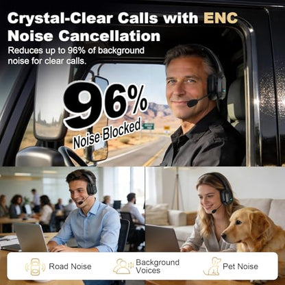 Bluetooth Headset for Truck Drivers, Single Ear Wireless Headphone with Noise Cancelling Mic, Mute Button, Hands-Free Calling, 60H Battery Life for Call Center, Office & Mobile Phone