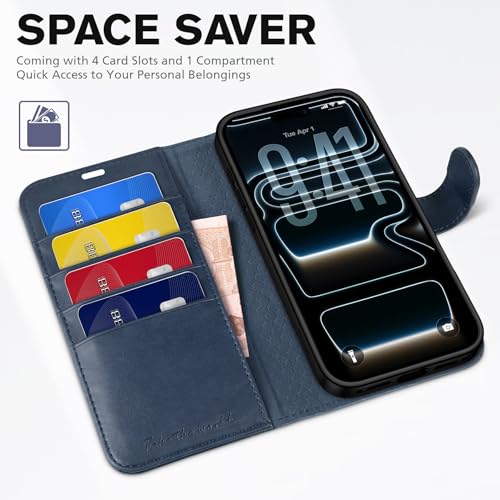 TUCCH Case Wallet for iPhone 17 Pro (6.3"), RFID Blocking Folio, Dark Blue | 4 Card Holders, Kickstand, PU Leather, Magnetic Closure, Shockproof TPU Shell, Protective Flip Cover - color: Dark Blue