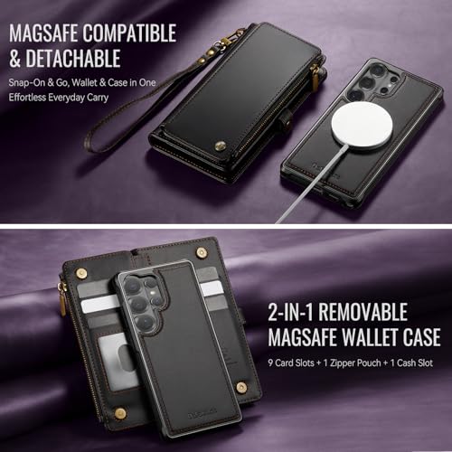 Defencase for Galaxy S26 Ultra Case Wallet Compatible with Magsafe, Black | Magnetic Detachable, RFID Bolcking Card Holder, Zipper Strap, PU Leather Drop-Proof Phone Cover for Samsung Galaxy S26 Ultra - color: (Detachable with Magsafe)-Black