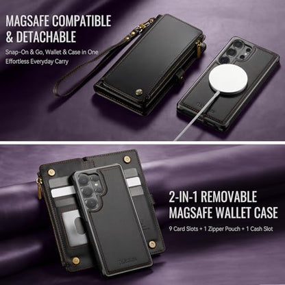 Defencase for Galaxy S26 Ultra Case Wallet Compatible with Magsafe, Black | Magnetic Detachable, RFID Bolcking Card Holder, Zipper Strap, PU Leather Drop-Proof Phone Cover for Samsung Galaxy S26 Ultra - color: (Detachable with Magsafe)-Black