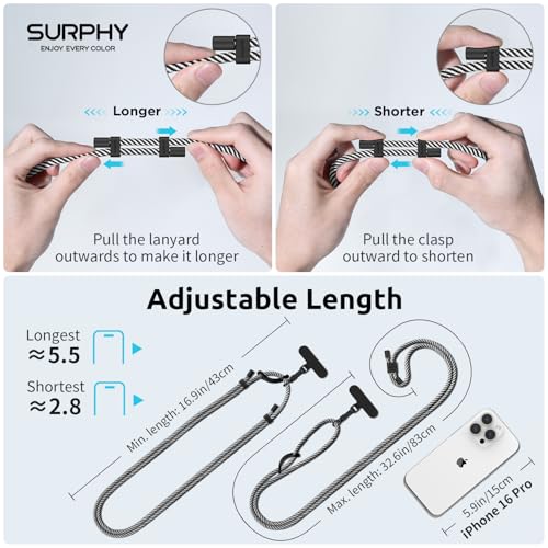 SURPHY Phone Lanyard Crossbody, Phone Strap Crossbody with 2 Tether Tabs - color: Black & White