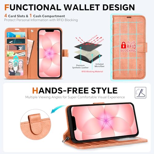 TUCCH Detachable 2-in-1 Case Wallet for iPhone 17e & 16e 6.1", Peachy Pink | 4 Card Slots, RFID Blocking, Wireless Charging, Viewing Stand, Wrist Strap, PU Leather, Shockproof TPU, Magnetic, Flip Cover - color: Textured Peachy Pink