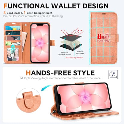 TUCCH Detachable 2-in-1 Case Wallet for iPhone 17e & 16e 6.1", Peachy Pink | 4 Card Slots, RFID Blocking, Wireless Charging, Viewing Stand, Wrist Strap, PU Leather, Shockproof TPU, Magnetic, Flip Cover - color: Textured Peachy Pink